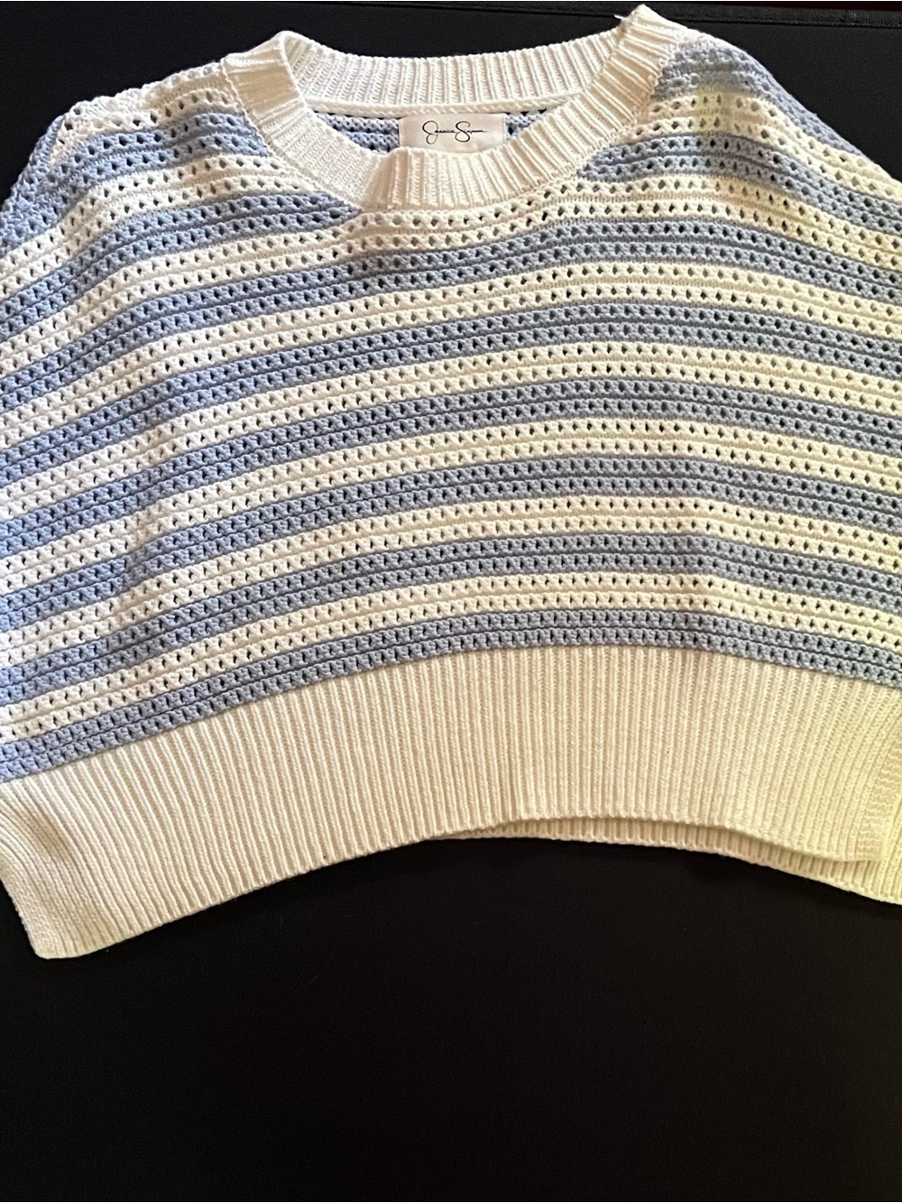 Jessica Simpson Striped Crochet Crewneck Sweater - Ivory and Light Blue